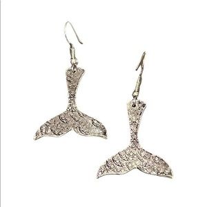 Handmade stamped silver pewter mermaid tail‎ surgical steel French hook earrings